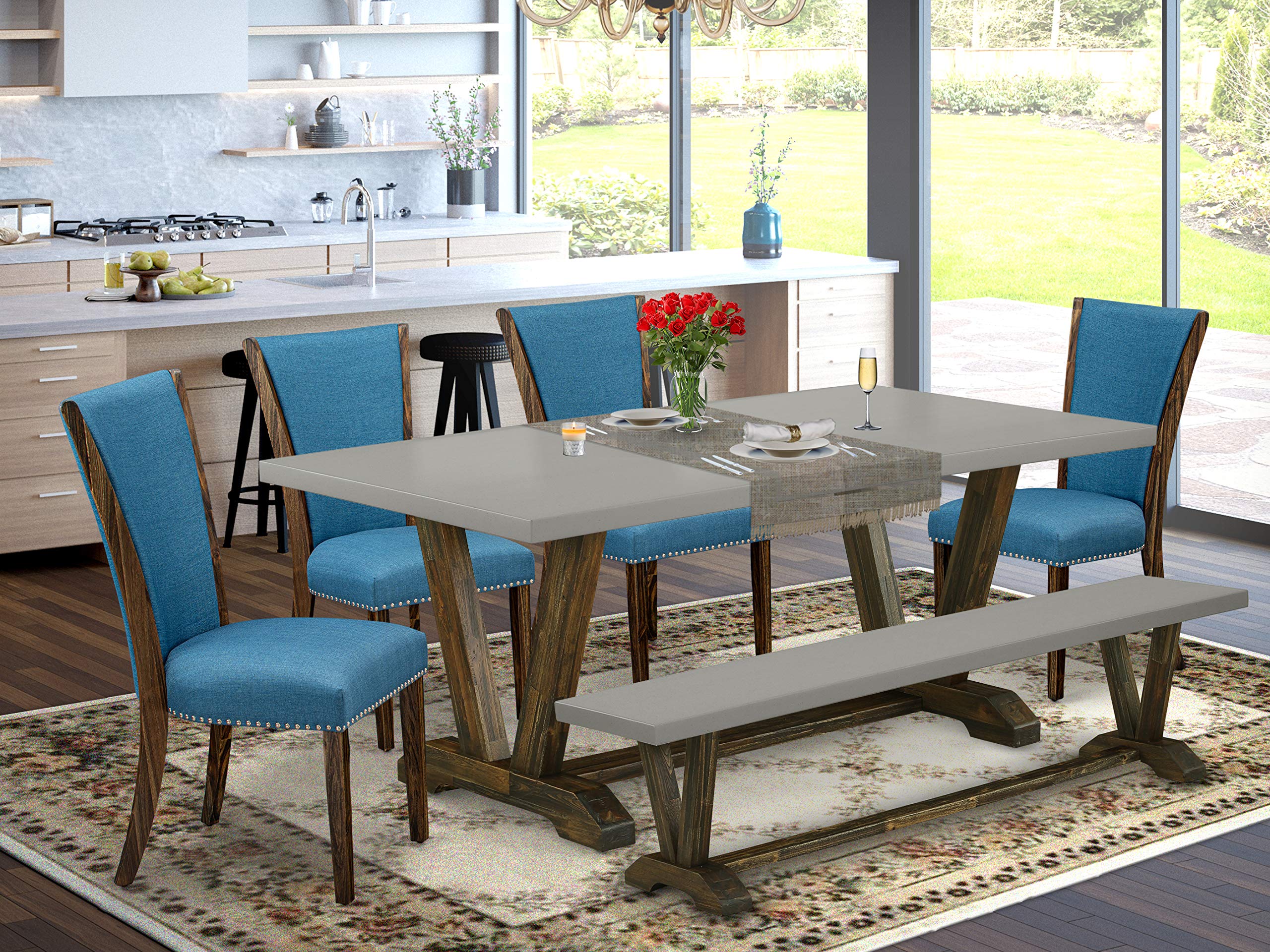 East West Furniture V-Style 6 Piece Dinette Set Contains a Rectangle Dining Table with V-Legs and 4 Blue Color Linen Fabric Parson Chairs with a Bench, 40x72 Inch, V797VE721-6